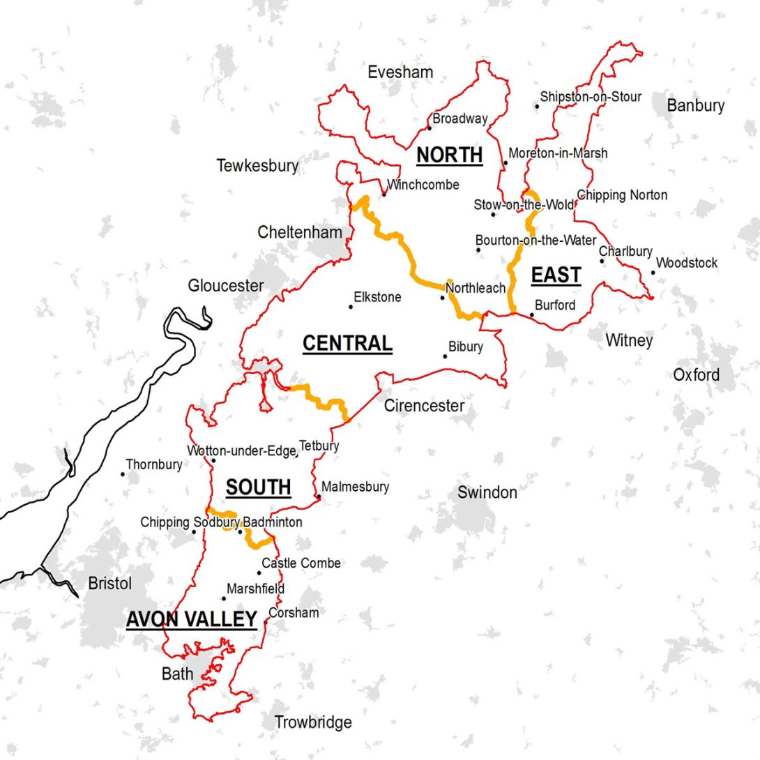 Map of the Cotswold National Landscape Warden Districts