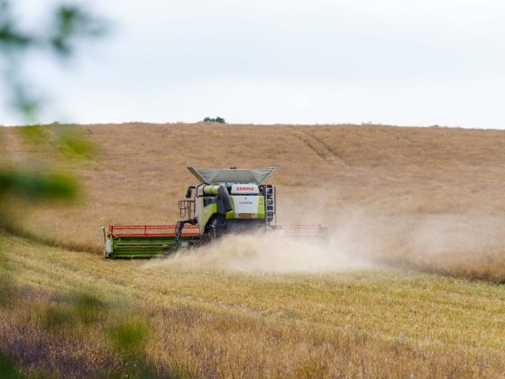 A photo of a combine harvester in a field